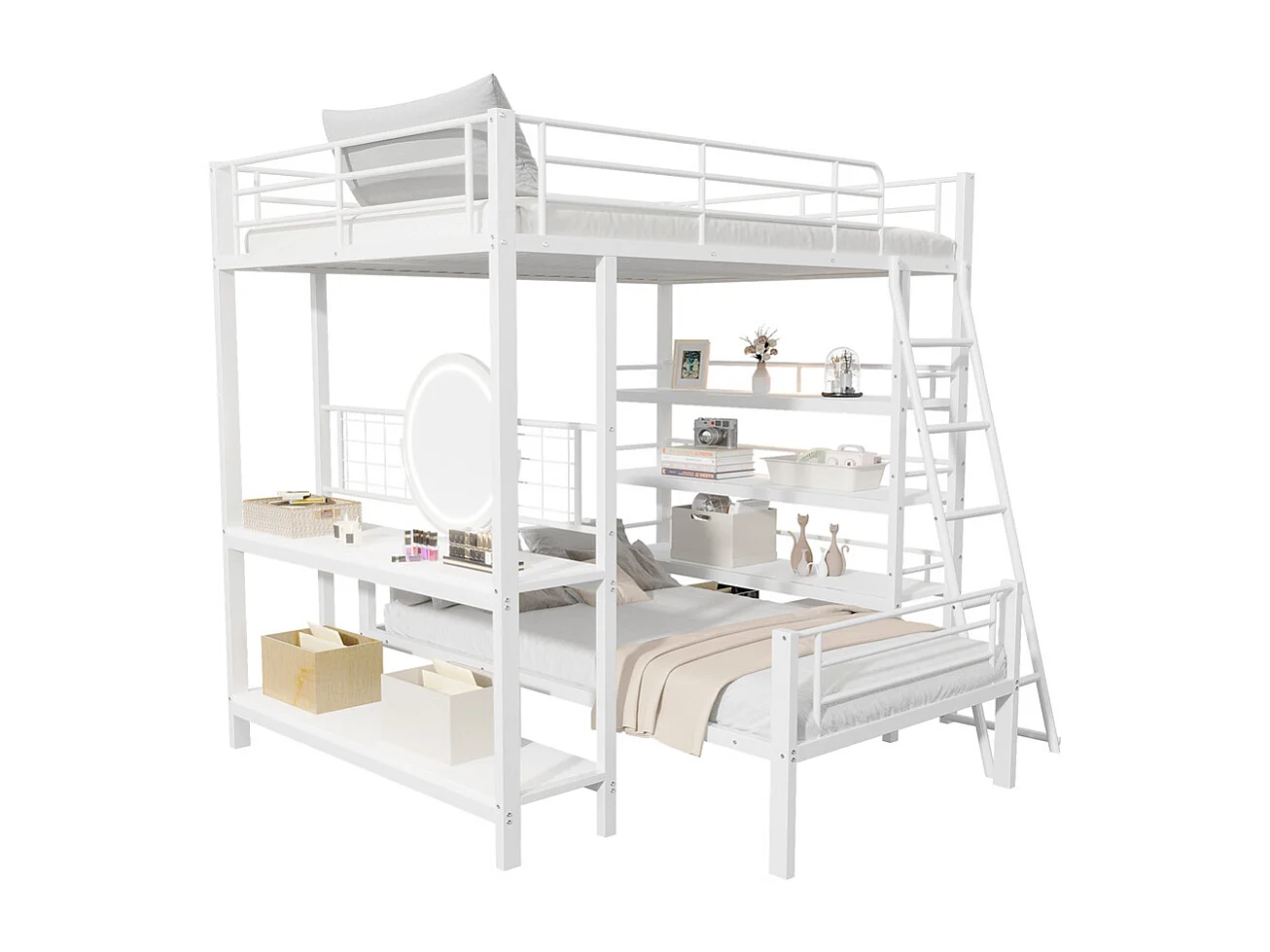 Lit jeune lit 140x200cm lit superposé avec compartiments de rangement métal blanc