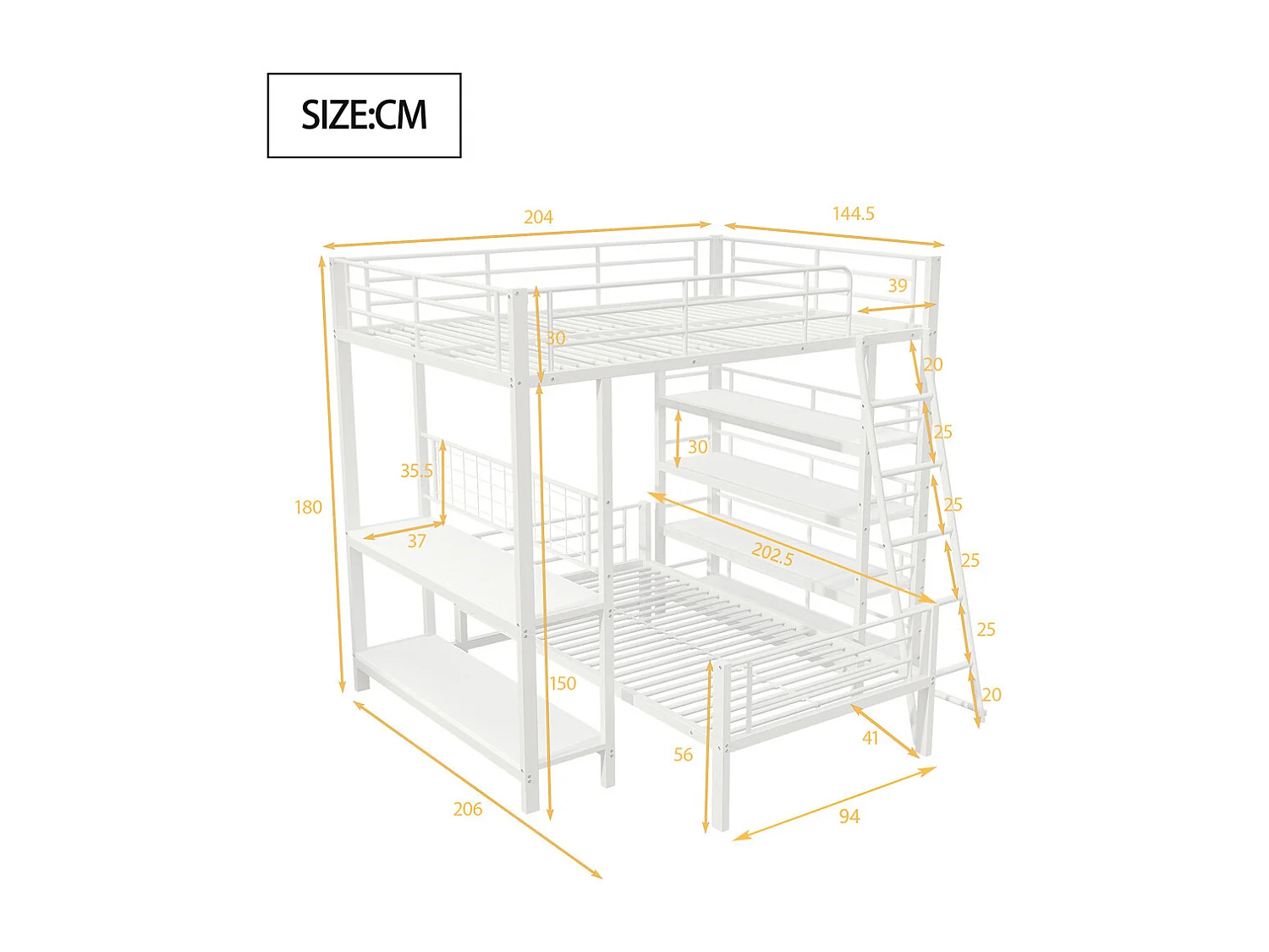 Lit jeune lit 140x200cm lit superposé avec compartiments de rangement métal blanc