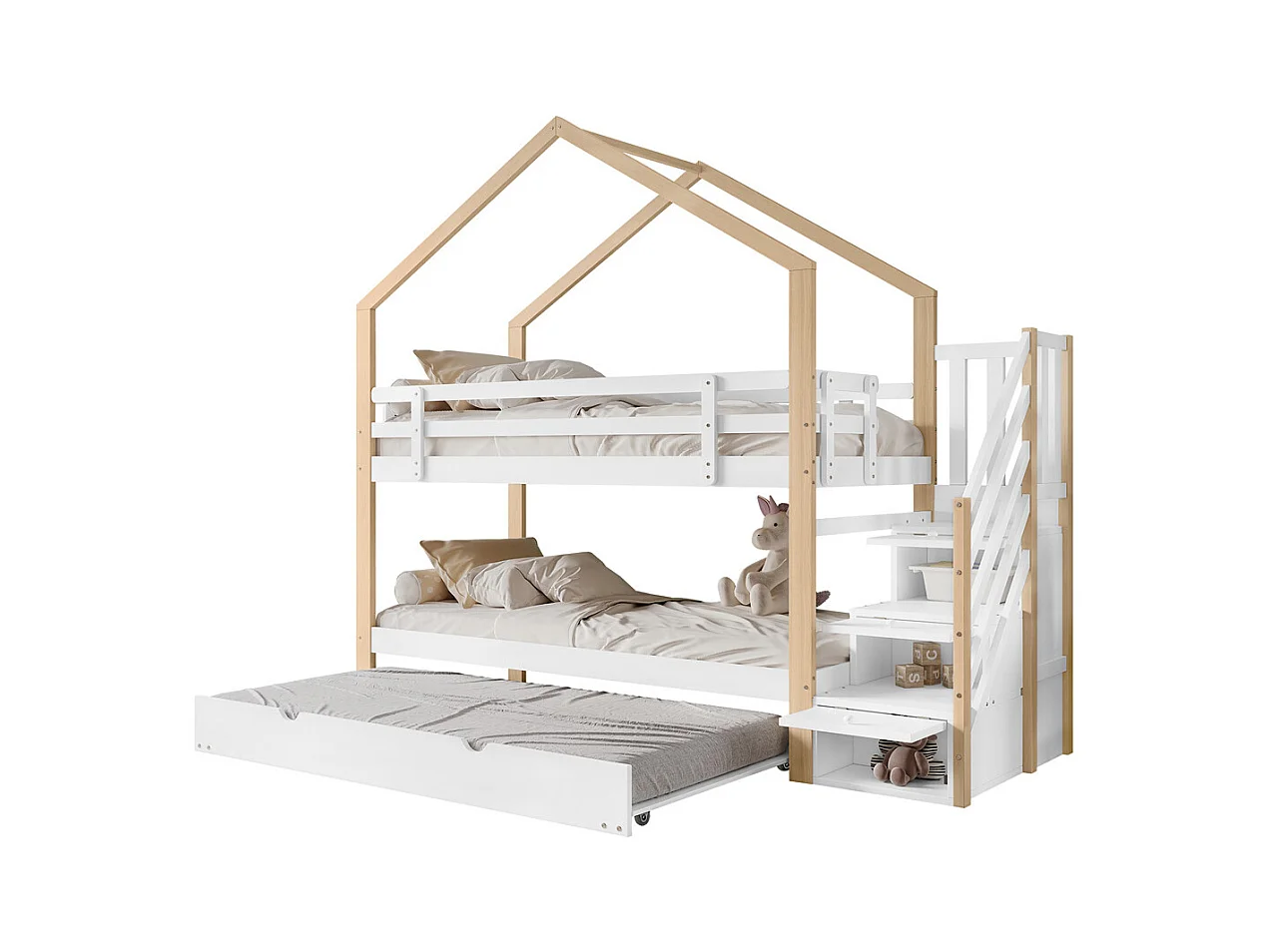Lit superposé 90x200cm et 90x190cm, lit gigogne, lit coulissant, escalier avec 3 tiroirs, lit enfant avec sommier à lattes, naturel+blanc