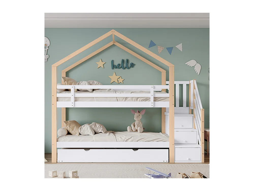 Lit superposé 90x200cm et 90x190cm, lit gigogne, lit coulissant, escalier avec 3 tiroirs, lit enfant avec sommier à lattes, naturel+blanc