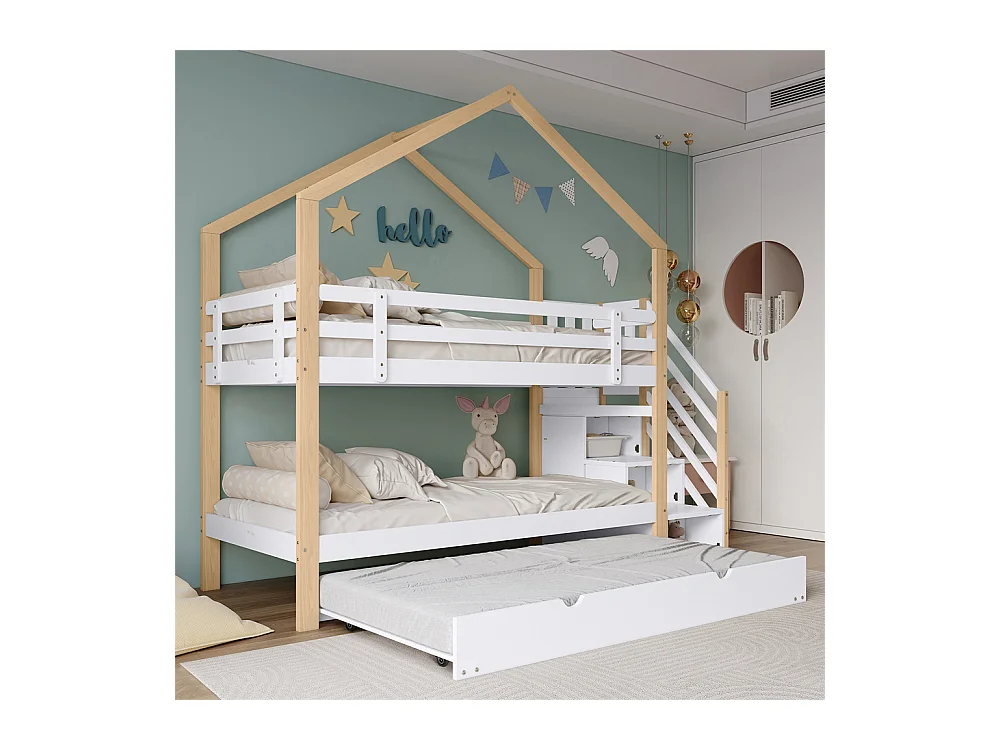 Lit superposé 90x200cm et 90x190cm, lit gigogne, lit coulissant, escalier avec 3 tiroirs, lit enfant avec sommier à lattes, naturel+blanc