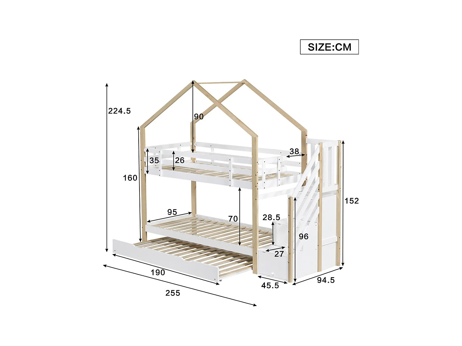 Lit superposé 90x200cm et 90x190cm, lit gigogne, lit coulissant, escalier avec 3 tiroirs, lit enfant avec sommier à lattes, naturel+blanc
