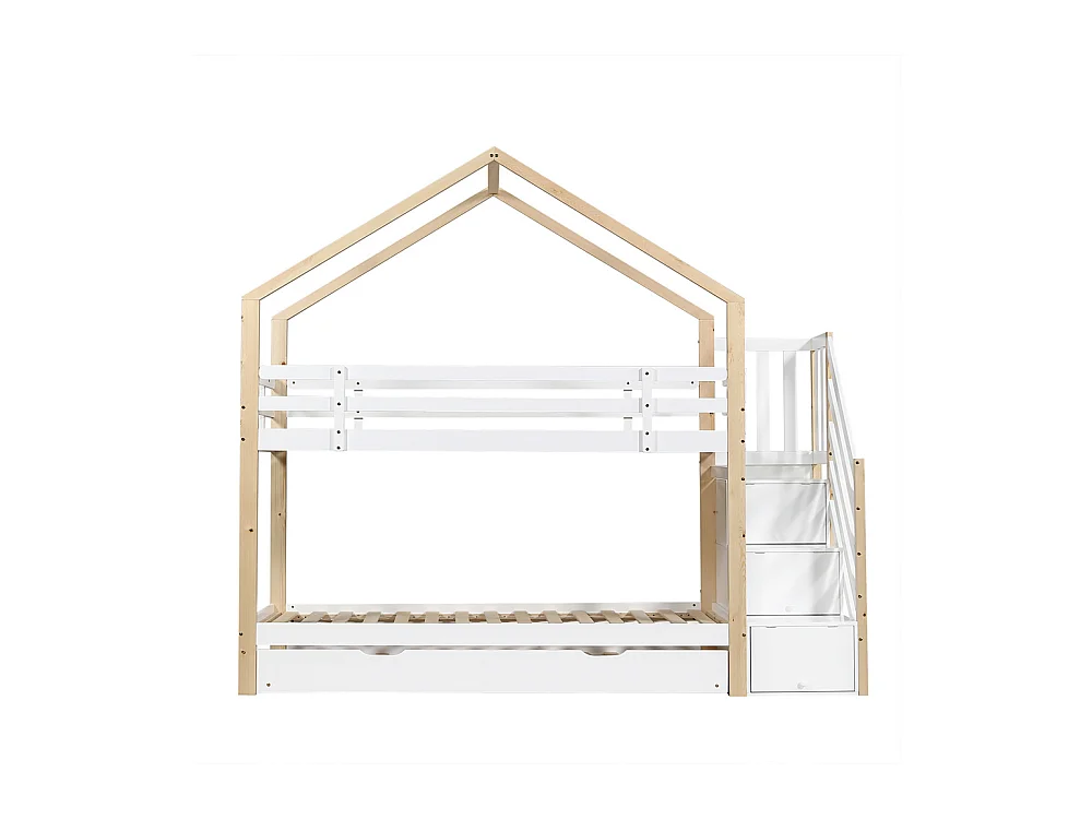 Lit superposé 90x200cm et 90x190cm, lit gigogne, lit coulissant, escalier avec 3 tiroirs, lit enfant avec sommier à lattes, naturel+blanc