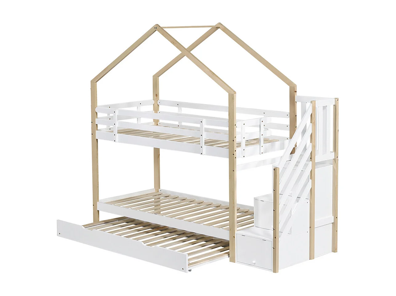 Lit superposé 90x200cm et 90x190cm, lit gigogne, lit coulissant, escalier avec 3 tiroirs, lit enfant avec sommier à lattes, naturel+blanc