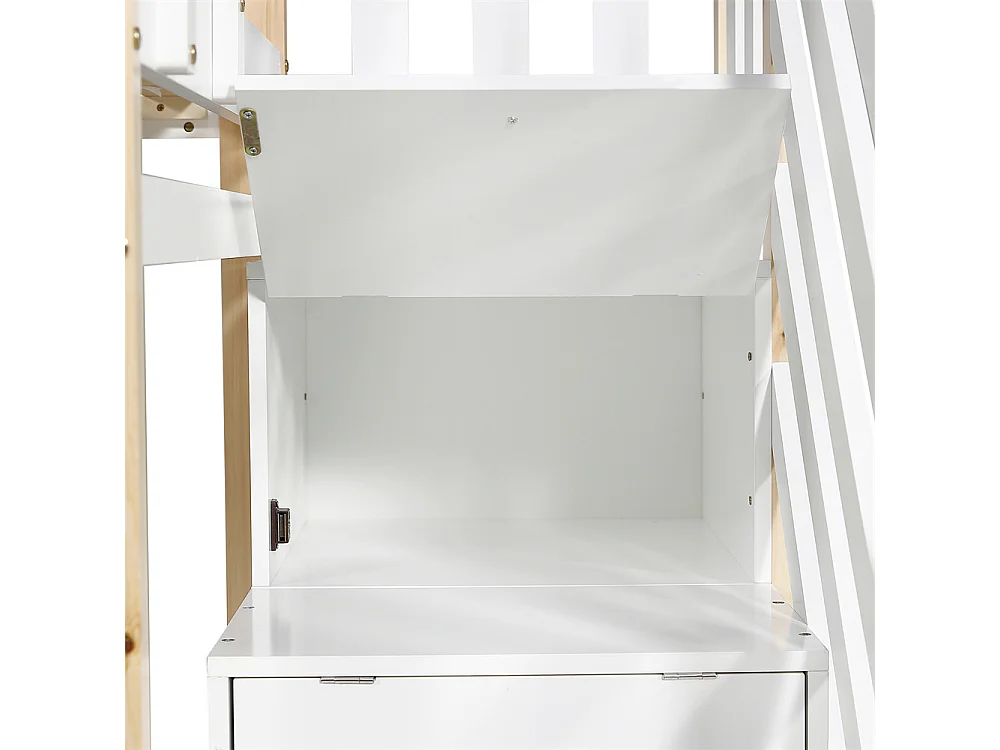 Lit superposé 90x200cm et 90x190cm, lit gigogne, lit coulissant, escalier avec 3 tiroirs, lit enfant avec sommier à lattes, naturel+blanc