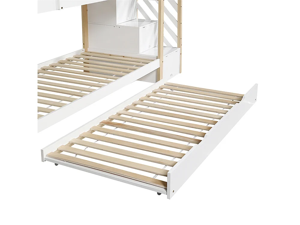 Lit superposé 90x200cm et 90x190cm, lit gigogne, lit coulissant, escalier avec 3 tiroirs, lit enfant avec sommier à lattes, naturel+blanc