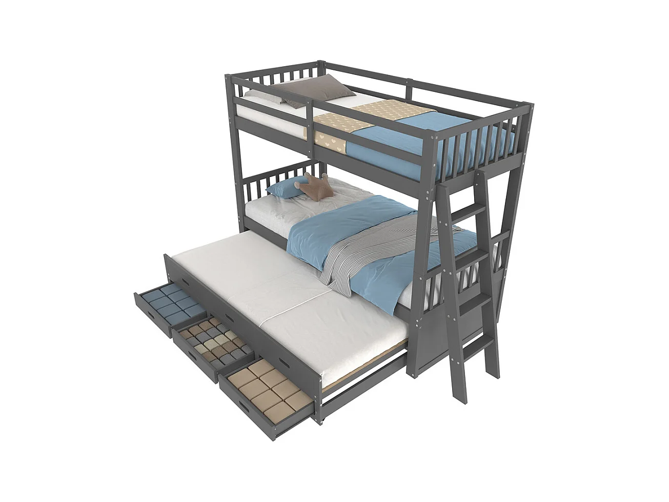 Lit d'enfant superposé 90x200cm, lit de maison avec échelle,et lit extensible et 3 tiroirs, pin et mdf, gris