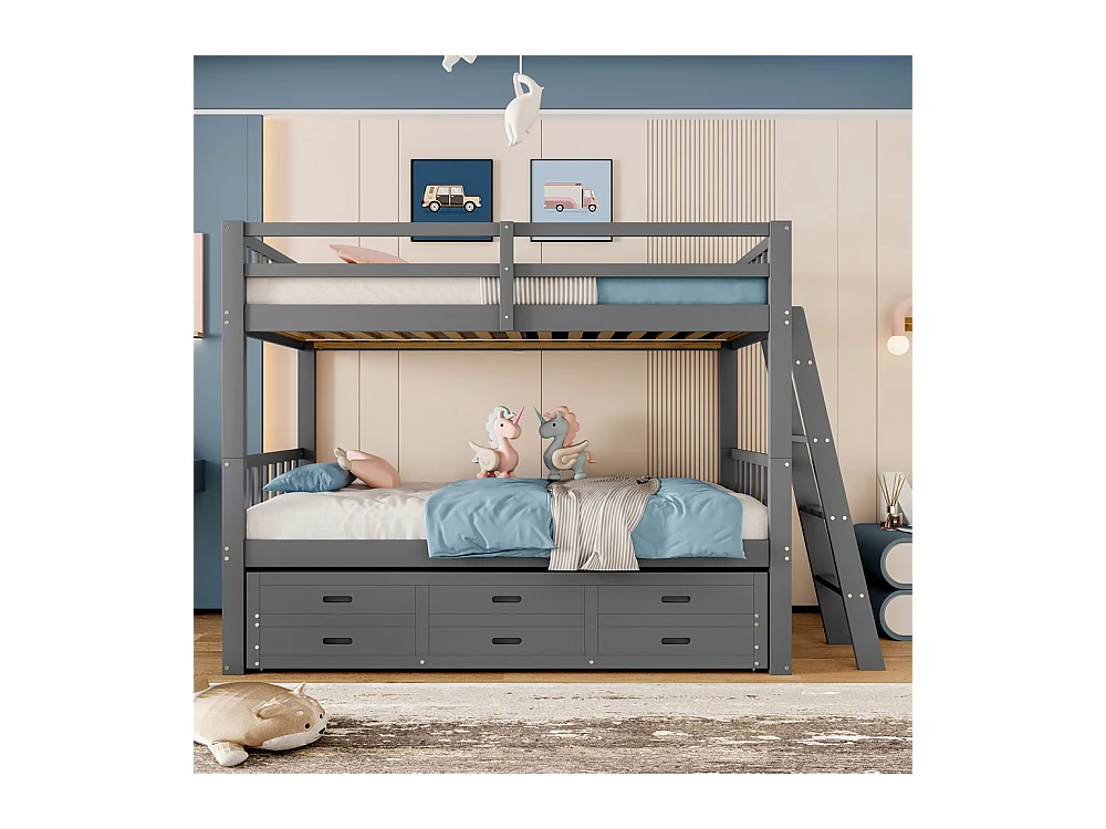 Lit d'enfant superposé 90x200cm, lit de maison avec échelle,et lit extensible et 3 tiroirs, pin et mdf, gris