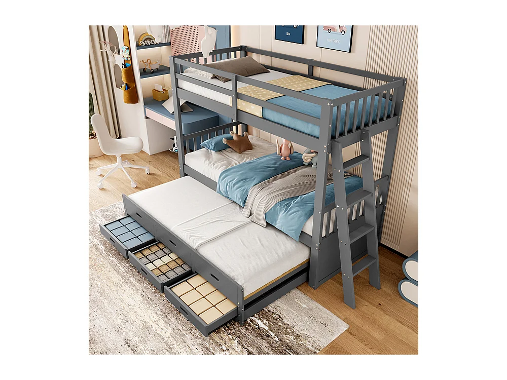 Lit d'enfant superposé 90x200cm, lit de maison avec échelle,et lit extensible et 3 tiroirs, pin et mdf, gris