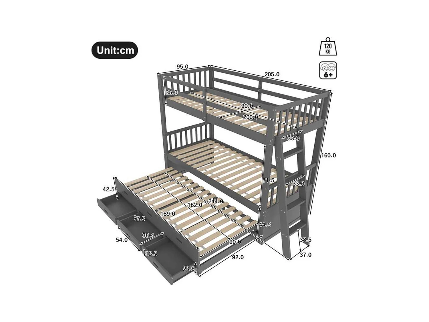 Lit d'enfant superposé 90x200cm, lit de maison avec échelle,et lit extensible et 3 tiroirs, pin et mdf, gris