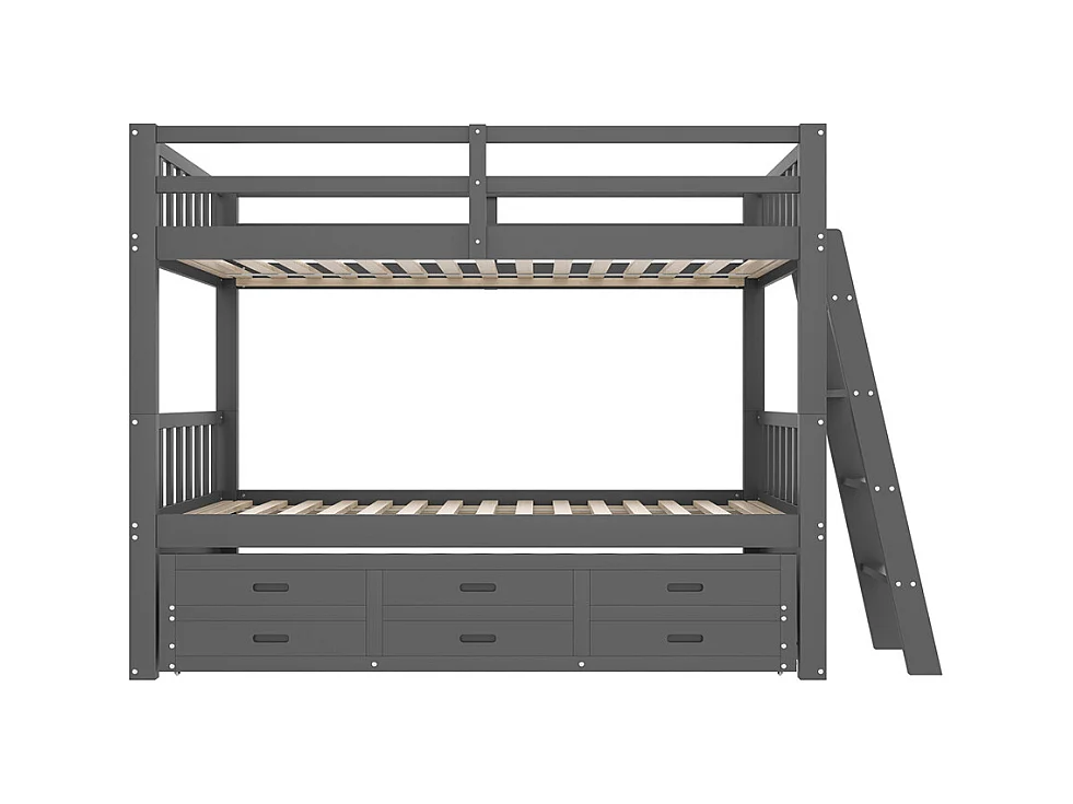 Lit d'enfant superposé 90x200cm, lit de maison avec échelle,et lit extensible et 3 tiroirs, pin et mdf, gris