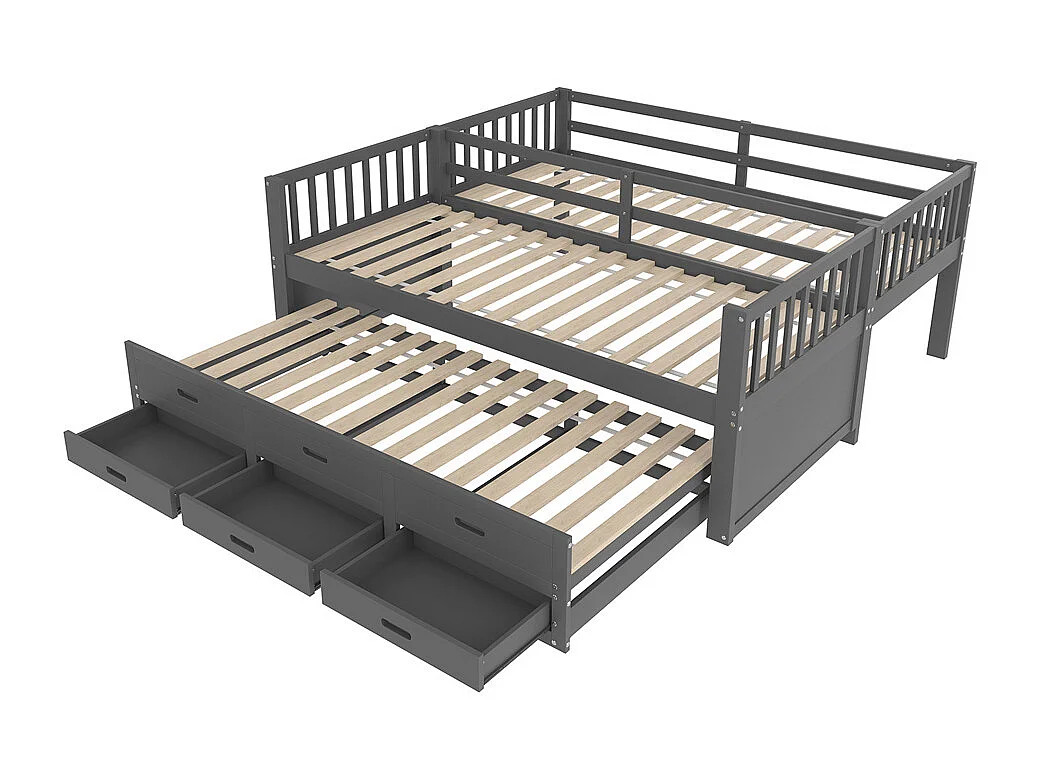 Lit d'enfant superposé 90x200cm, lit de maison avec échelle,et lit extensible et 3 tiroirs, pin et mdf, gris