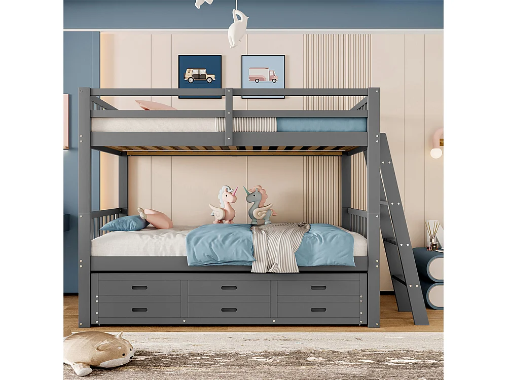 Lit d'enfant superposé 90x200cm, lit de maison avec échelle,et lit extensible et 3 tiroirs, pin et mdf, gris