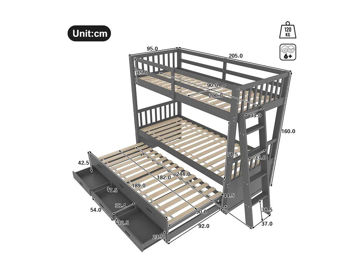 Lit d'enfant superposé 90x200cm, lit de maison avec échelle,et lit extensible et 3 tiroirs, pin et mdf, gris