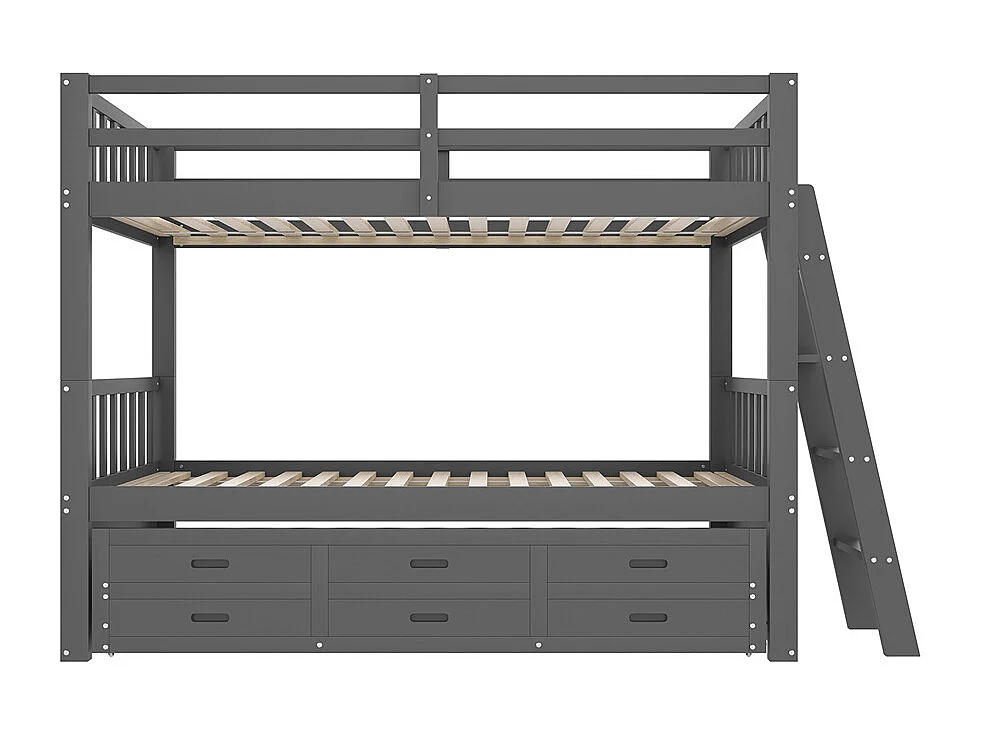 Lit d'enfant superposé 90x200cm, lit de maison avec échelle,et lit extensible et 3 tiroirs, pin et mdf, gris