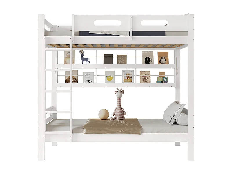 Lit superposé 90x200cm, lit d'enfant avec barre antichute, étagère de rangement ouverte et échelle à cinq marches, pin+mdf, blanc