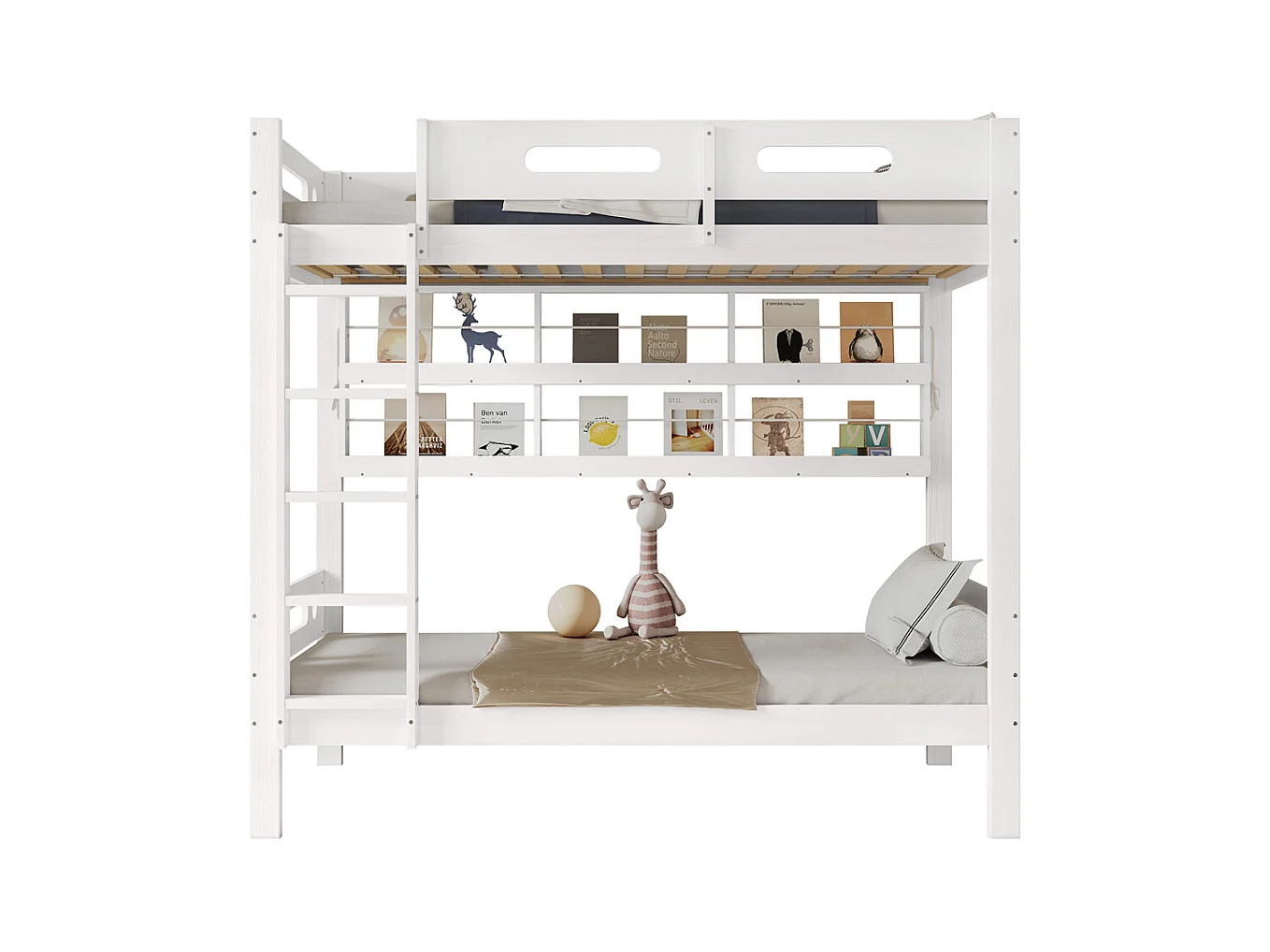 Lit superposé 90x200cm, lit d'enfant avec barre antichute, étagère de rangement ouverte et échelle à cinq marches, pin+mdf, blanc