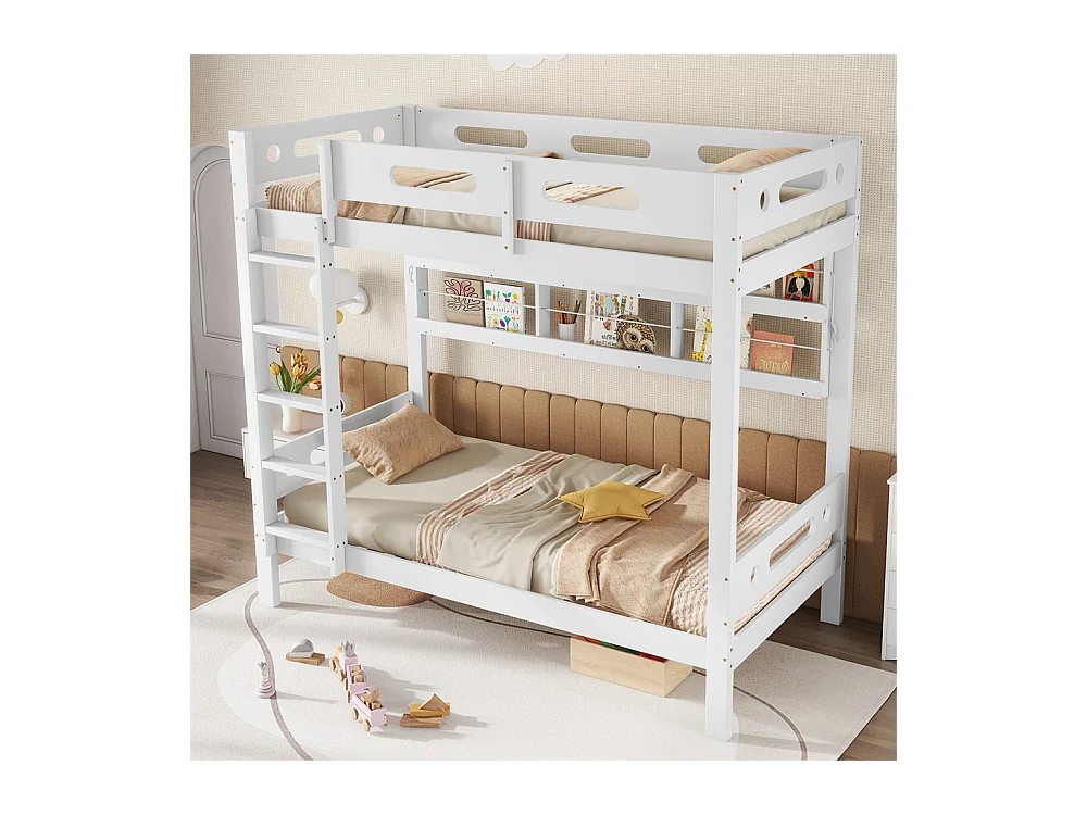 Lit superposé 90x200cm, lit d'enfant avec barre antichute, étagère de rangement ouverte et échelle à cinq marches, pin+mdf, blanc
