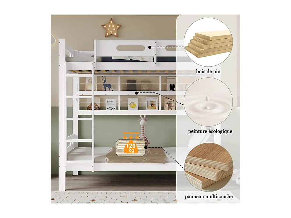 Lit superposé 90x200cm, lit d'enfant avec barre antichute, étagère de rangement ouverte et échelle à cinq marches, pin+mdf, blanc