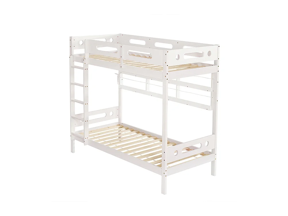 Lit superposé 90x200cm, lit d'enfant avec barre antichute, étagère de rangement ouverte et échelle à cinq marches, pin+mdf, blanc