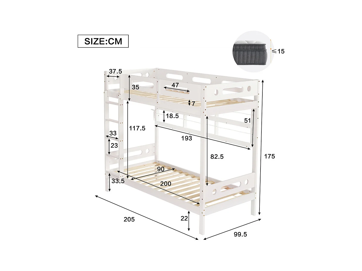 Lit superposé 90x200cm, lit d'enfant avec barre antichute, étagère de rangement ouverte et échelle à cinq marches, pin+mdf, blanc