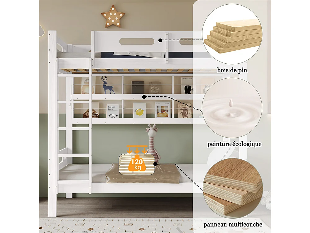 Lit superposé 90x200cm, lit d'enfant avec barre antichute, étagère de rangement ouverte et échelle à cinq marches, pin+mdf, blanc