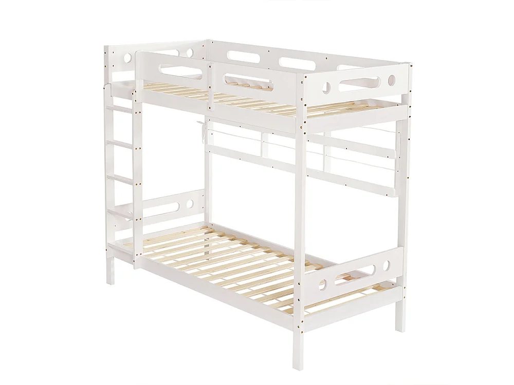 Lit superposé 90x200cm, lit d'enfant avec barre antichute, étagère de rangement ouverte et échelle à cinq marches, pin+mdf, blanc