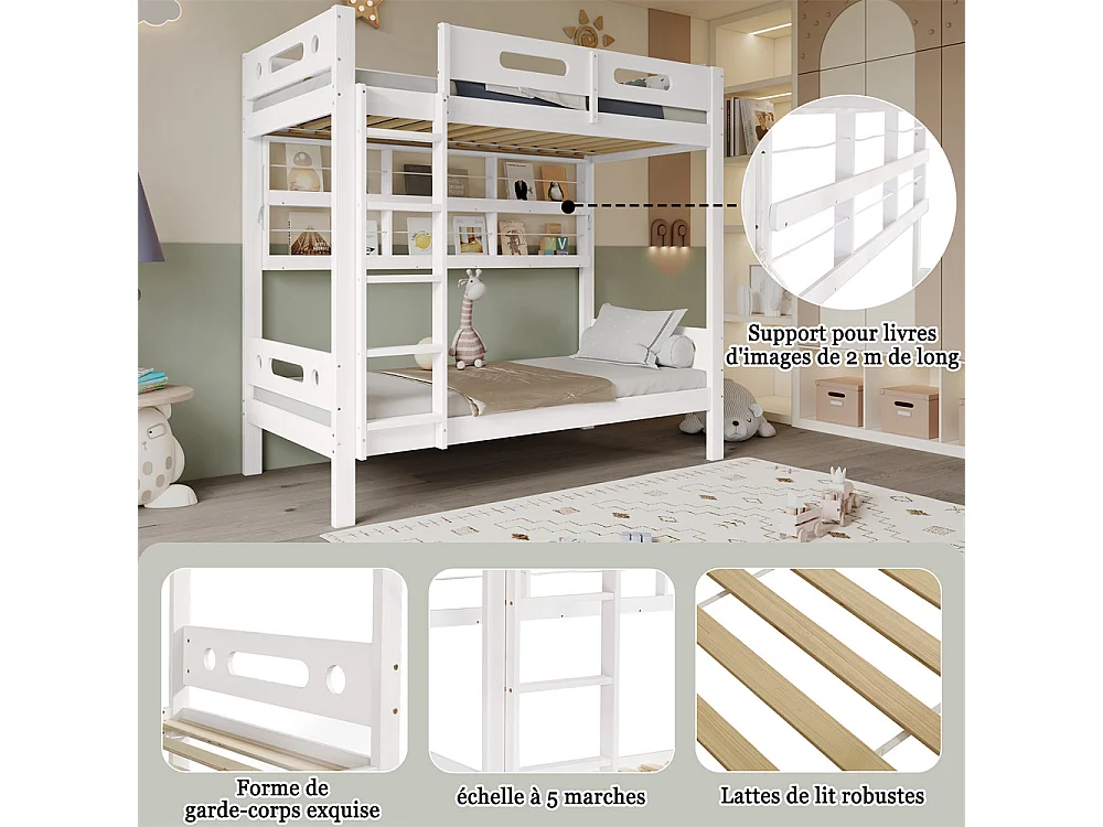 Lit superposé 90x200cm, lit d'enfant avec barre antichute, étagère de rangement ouverte et échelle à cinq marches, pin+mdf, blanc