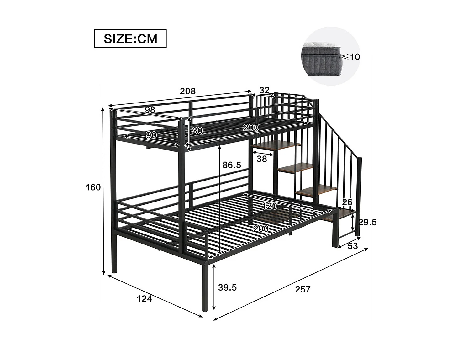 Lit superposé 90x200cm et 120x200cm, lit en fer avec armoire d'angle de rangement, fer + MDF, couleur noir + bois vintage