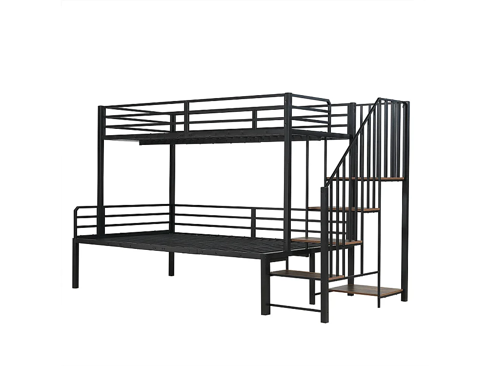 Lit superposé 90x200cm et 120x200cm, lit en fer avec armoire d'angle de rangement, fer + MDF, couleur noir + bois vintage