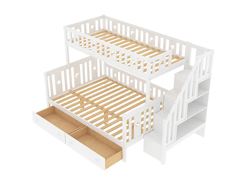 Lit enfant 90x200/140x200cm, lit superposé en bois massif avec escalier de sécurité, deux grands tiroirs et sommier à lattes, bois massif, blanc