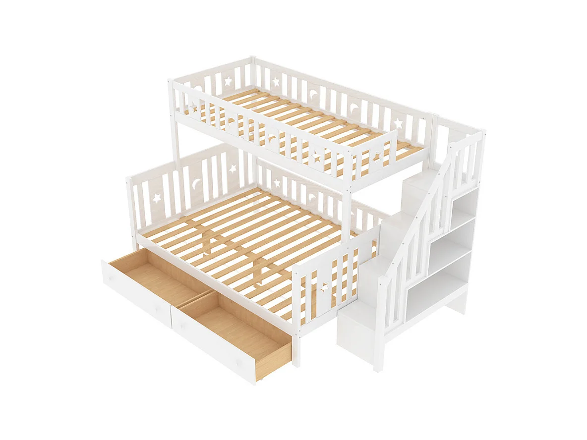 Lit enfant 90x200/140x200cm, lit superposé en bois massif avec escalier de sécurité, deux grands tiroirs et sommier à lattes, bois massif, blanc