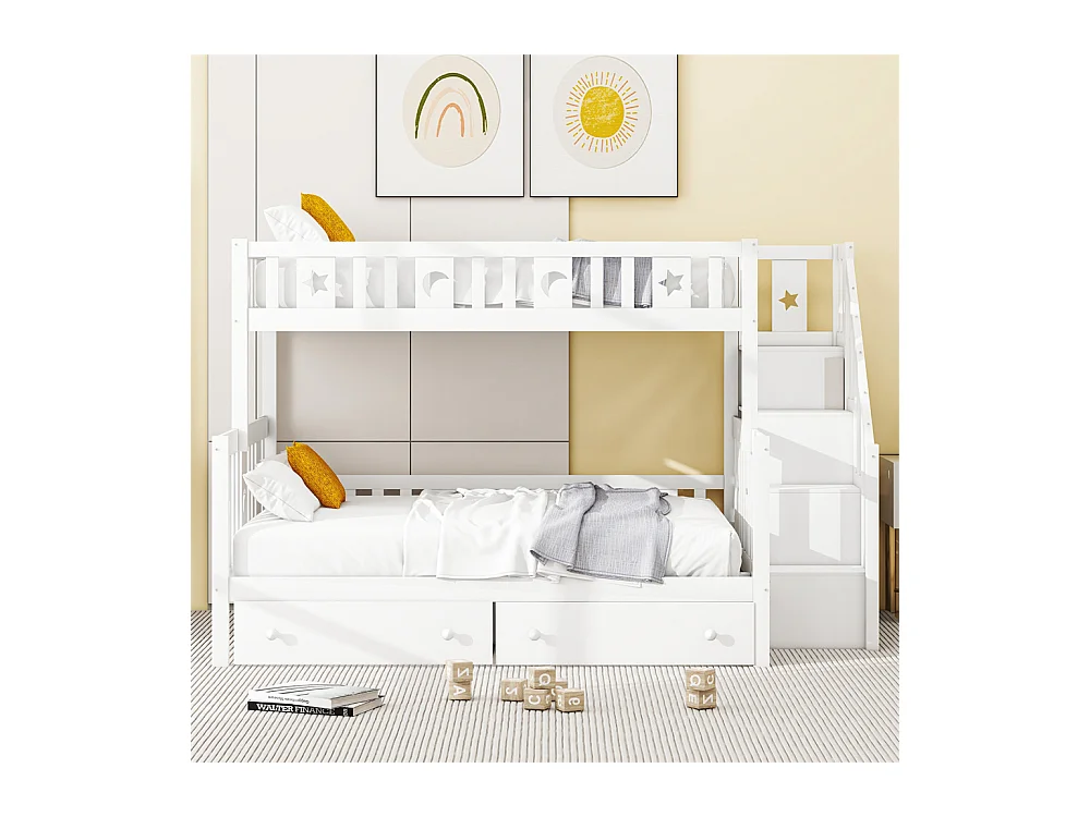 Lit enfant 90x200/140x200cm, lit superposé en bois massif avec escalier de sécurité, deux grands tiroirs et sommier à lattes, bois massif, blanc