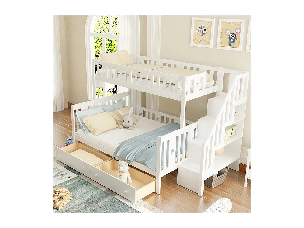 Lit enfant 90x200/140x200cm, lit superposé en bois massif avec escalier de sécurité, deux grands tiroirs et sommier à lattes, bois massif, blanc