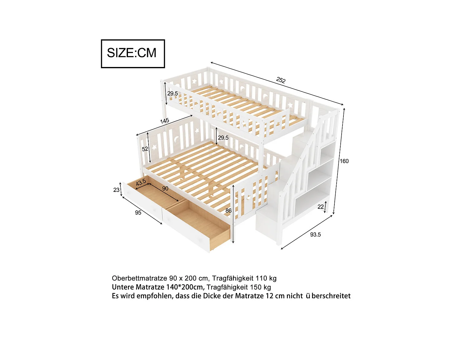 Lit enfant 90x200/140x200cm, lit superposé en bois massif avec escalier de sécurité, deux grands tiroirs et sommier à lattes, bois massif, blanc
