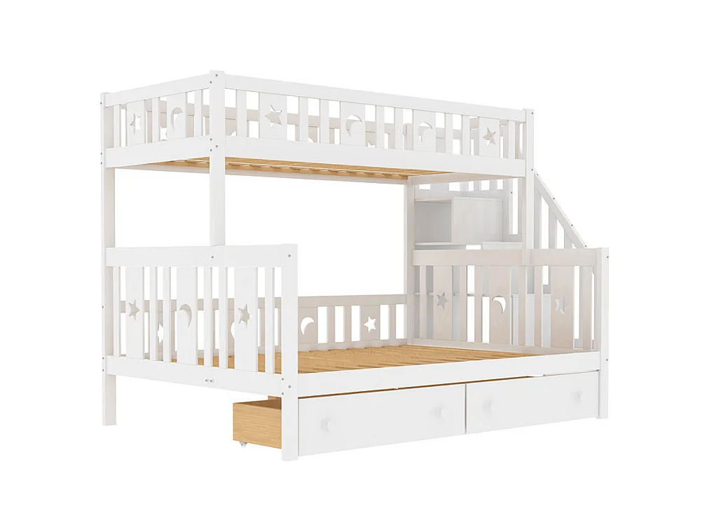 Lit enfant 90x200/140x200cm, lit superposé en bois massif avec escalier de sécurité, deux grands tiroirs et sommier à lattes, bois massif, blanc