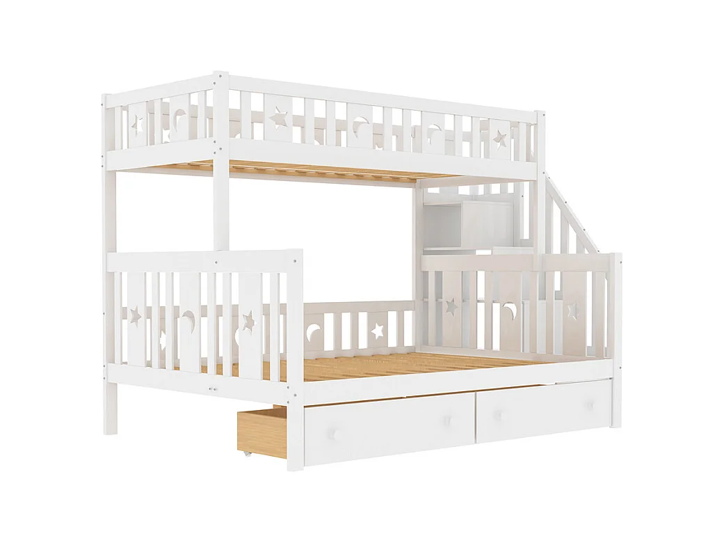 Lit enfant 90x200/140x200cm, lit superposé en bois massif avec escalier de sécurité, deux grands tiroirs et sommier à lattes, bois massif, blanc