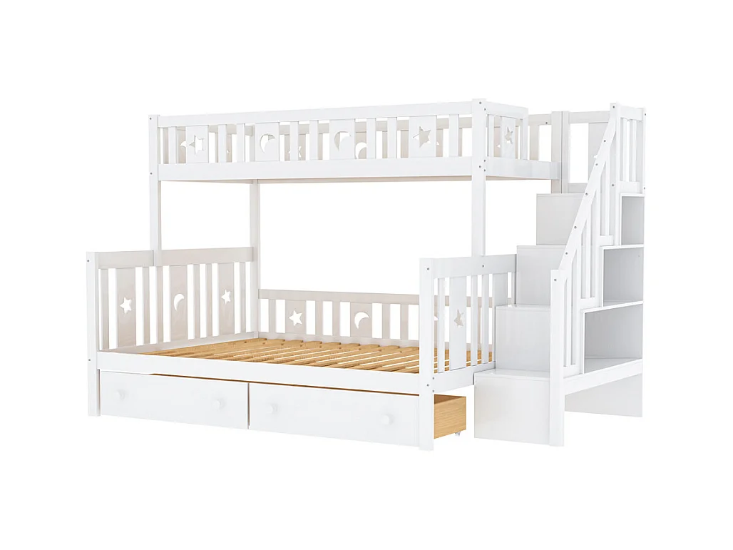 Lit enfant 90x200/140x200cm, lit superposé en bois massif avec escalier de sécurité, deux grands tiroirs et sommier à lattes, bois massif, blanc