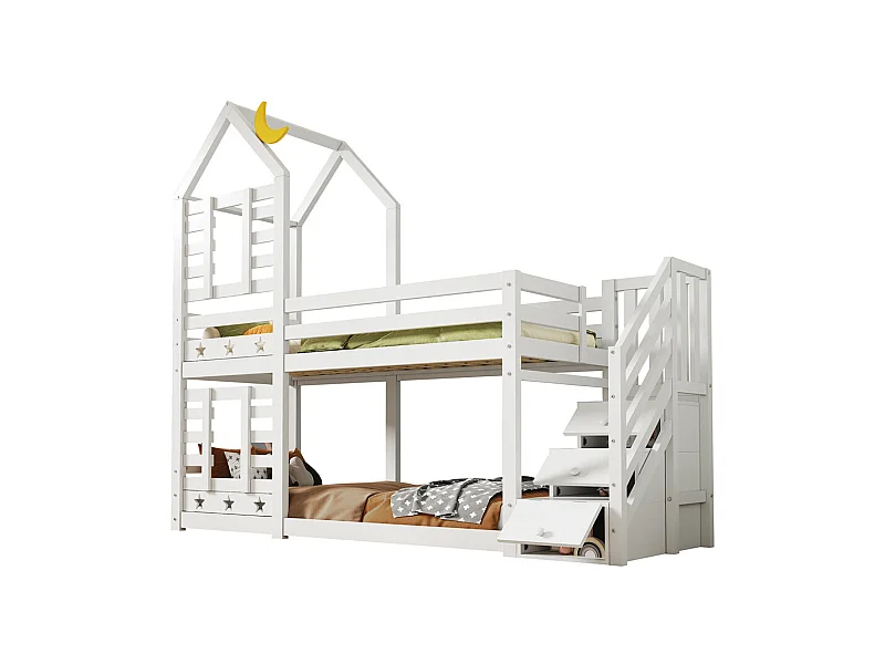 Lit enfant 90x200cm, lit superposé avec tiroirs et protection antichute, lit mezzanine – 2 sommiers à lattes – blanc