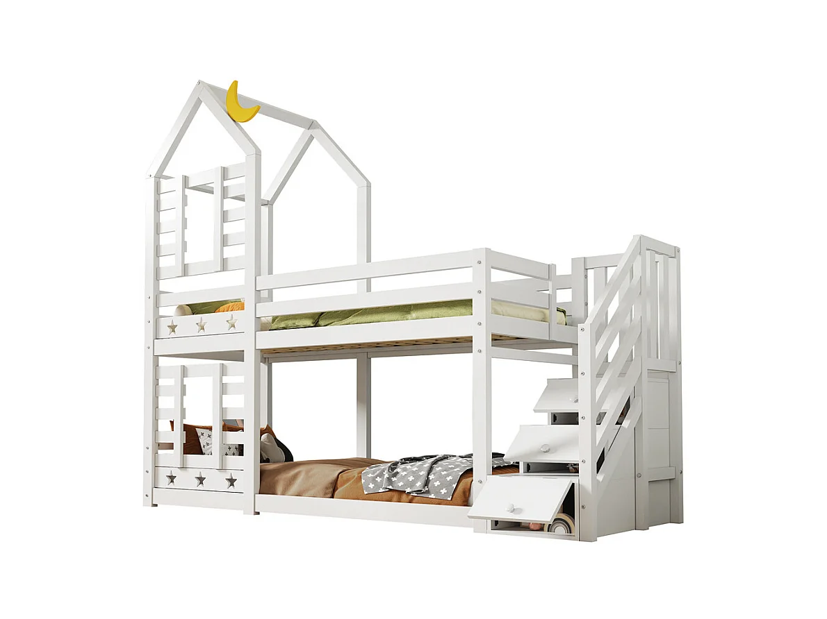 Lit enfant 90x200cm, lit superposé avec tiroirs et protection antichute, lit mezzanine – 2 sommiers à lattes – blanc