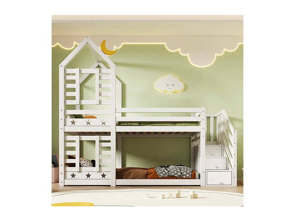 Lit enfant 90x200cm, lit superposé avec tiroirs et protection antichute, lit mezzanine – 2 sommiers à lattes – blanc
