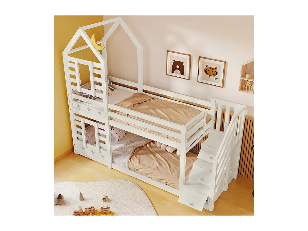 Lit enfant 90x200cm, lit superposé avec tiroirs et protection antichute, lit mezzanine – 2 sommiers à lattes – blanc