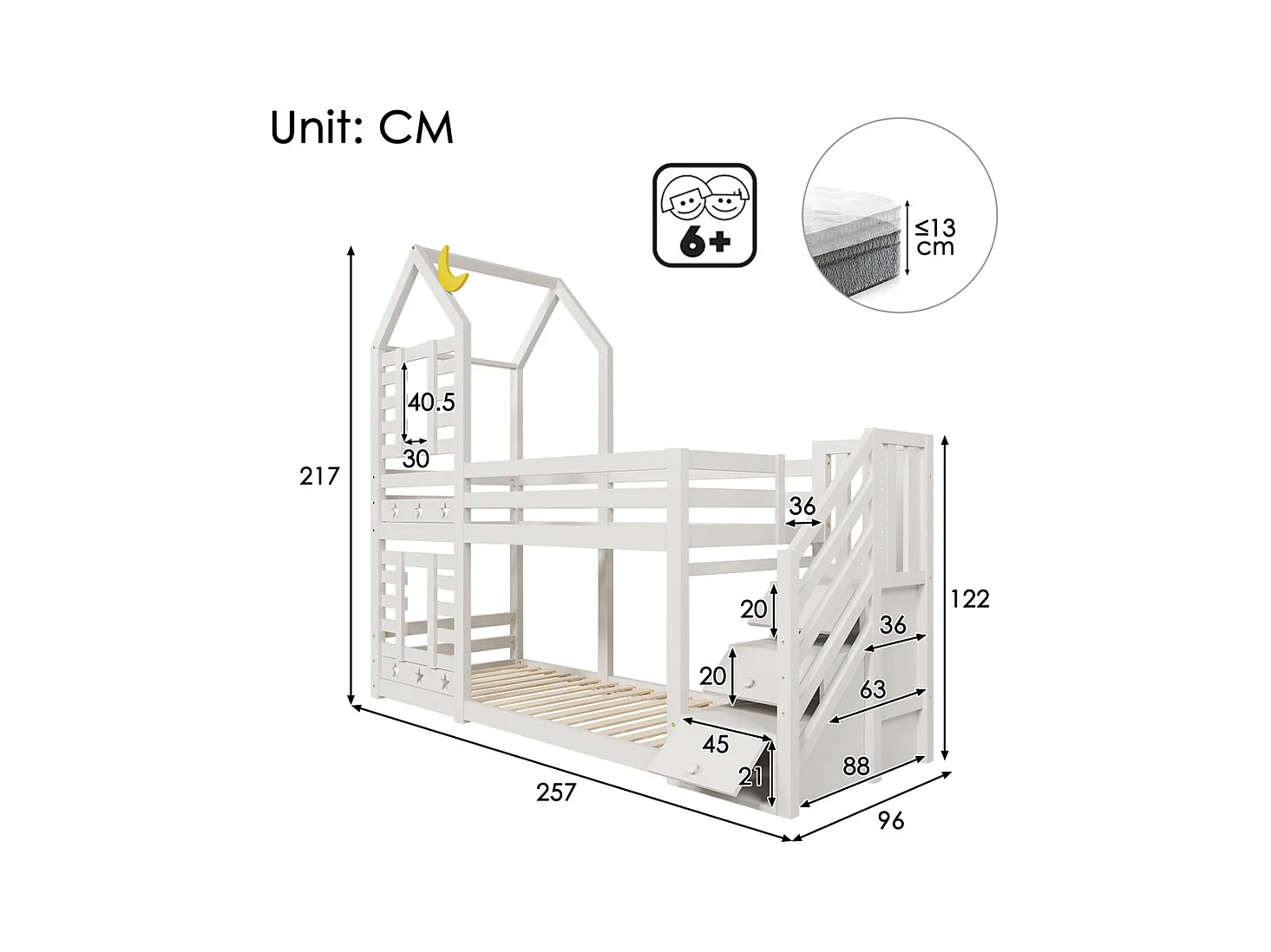 Lit enfant 90x200cm, lit superposé avec tiroirs et protection antichute, lit mezzanine – 2 sommiers à lattes – blanc