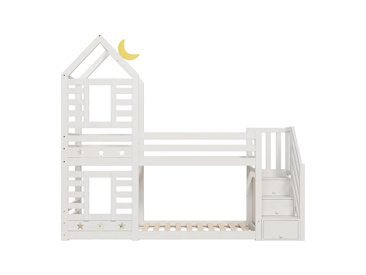 Lit enfant 90x200cm, lit superposé avec tiroirs et protection antichute, lit mezzanine – 2 sommiers à lattes – blanc