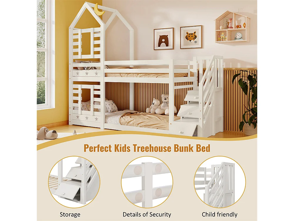 Lit enfant 90x200cm, lit superposé avec tiroirs et protection antichute, lit mezzanine – 2 sommiers à lattes – blanc