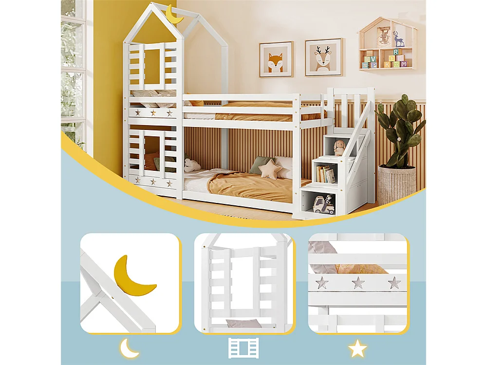 Lit enfant 90x200cm, lit superposé avec tiroirs et protection antichute, lit mezzanine – 2 sommiers à lattes – blanc
