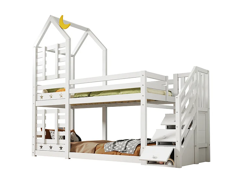 Lit enfant 90x200cm, lit superposé avec tiroirs et protection antichute, lit mezzanine – 2 sommiers à lattes – blanc