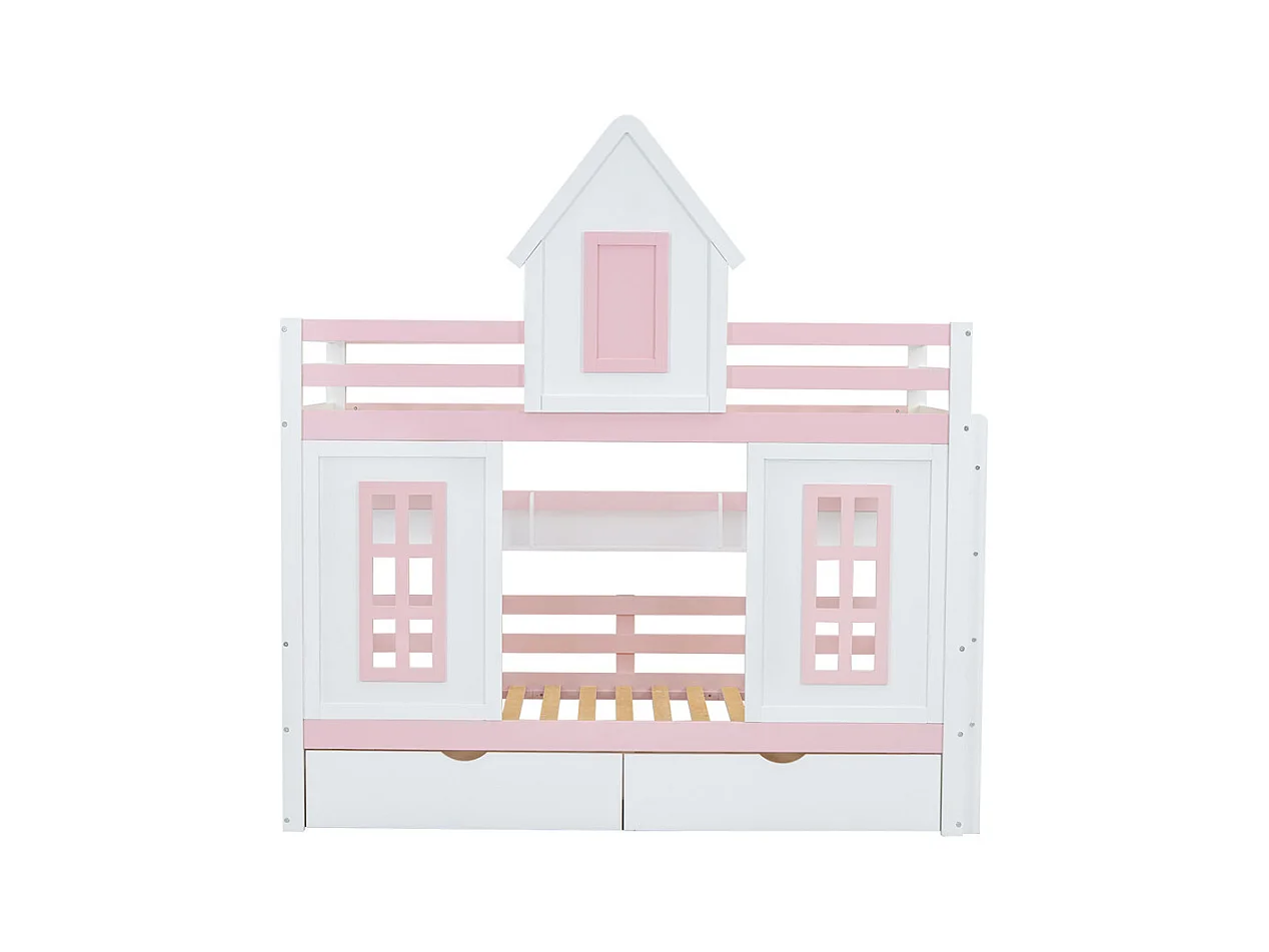 Lit jeune lit 90x200 cm lit superposé avec toit et fenêtre lit double avec 2 tiroirs pin blanc+rose