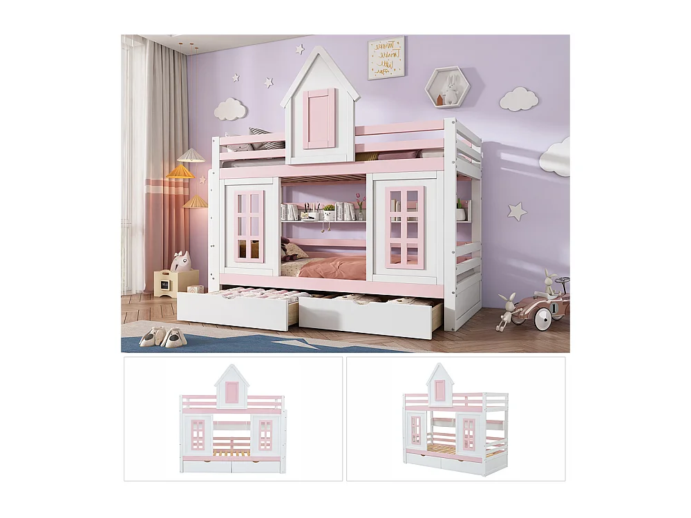 Lit jeune lit 90x200 cm lit superposé avec toit et fenêtre lit double avec 2 tiroirs pin blanc+rose