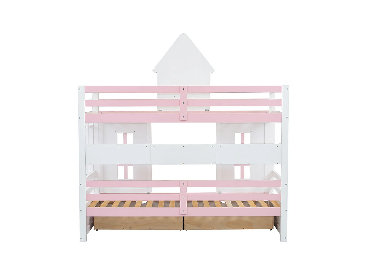 Lit jeune lit 90x200 cm lit superposé avec toit et fenêtre lit double avec 2 tiroirs pin blanc+rose